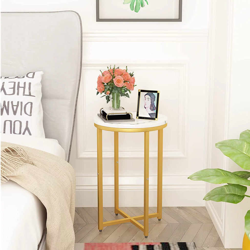 Round Faux Marble Side Table with Metal Frame N68401