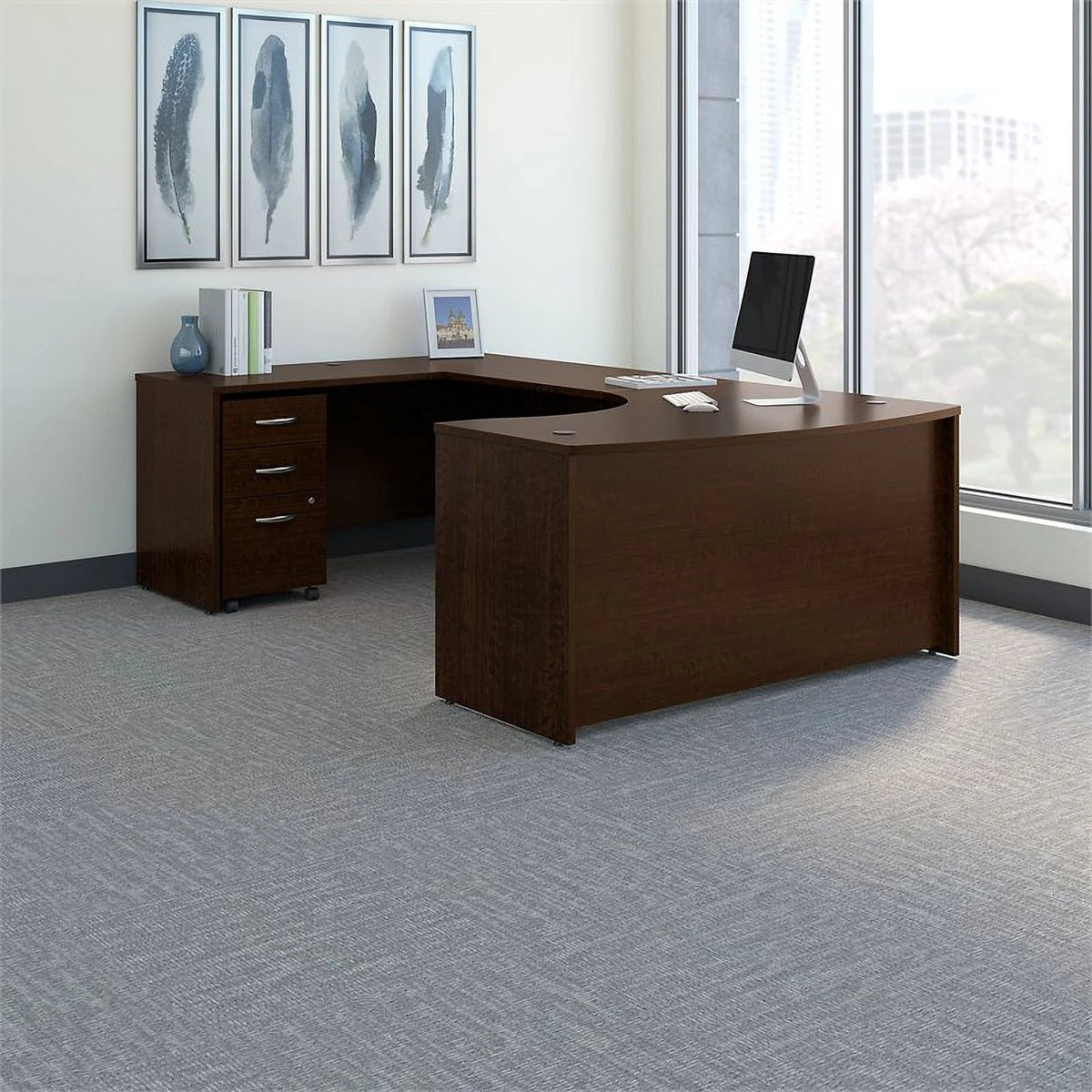 Left Hand U-Shaped Desk with Mobile File Cabinet in Mocha Cherry S771