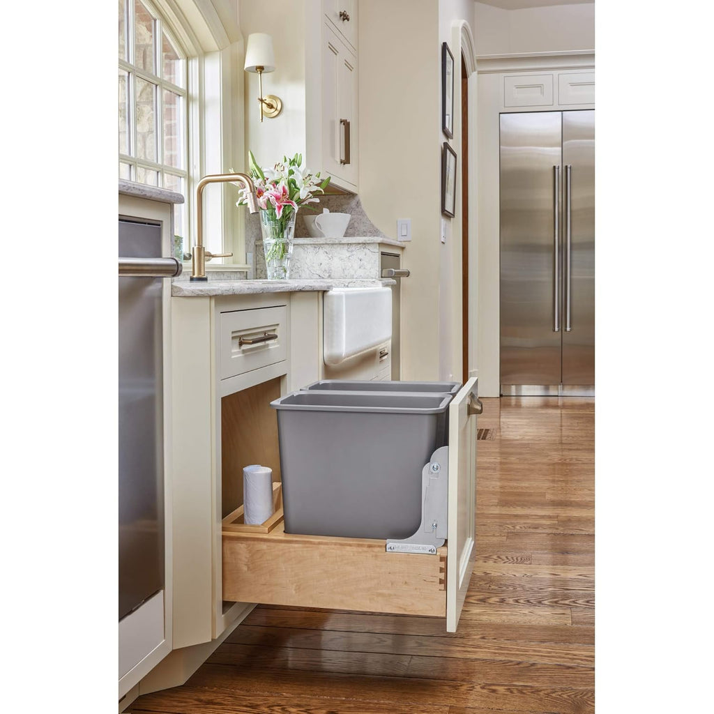Double 35-Quart Maple Bottom Mount Pullout Waste Container Trash Cans F9796