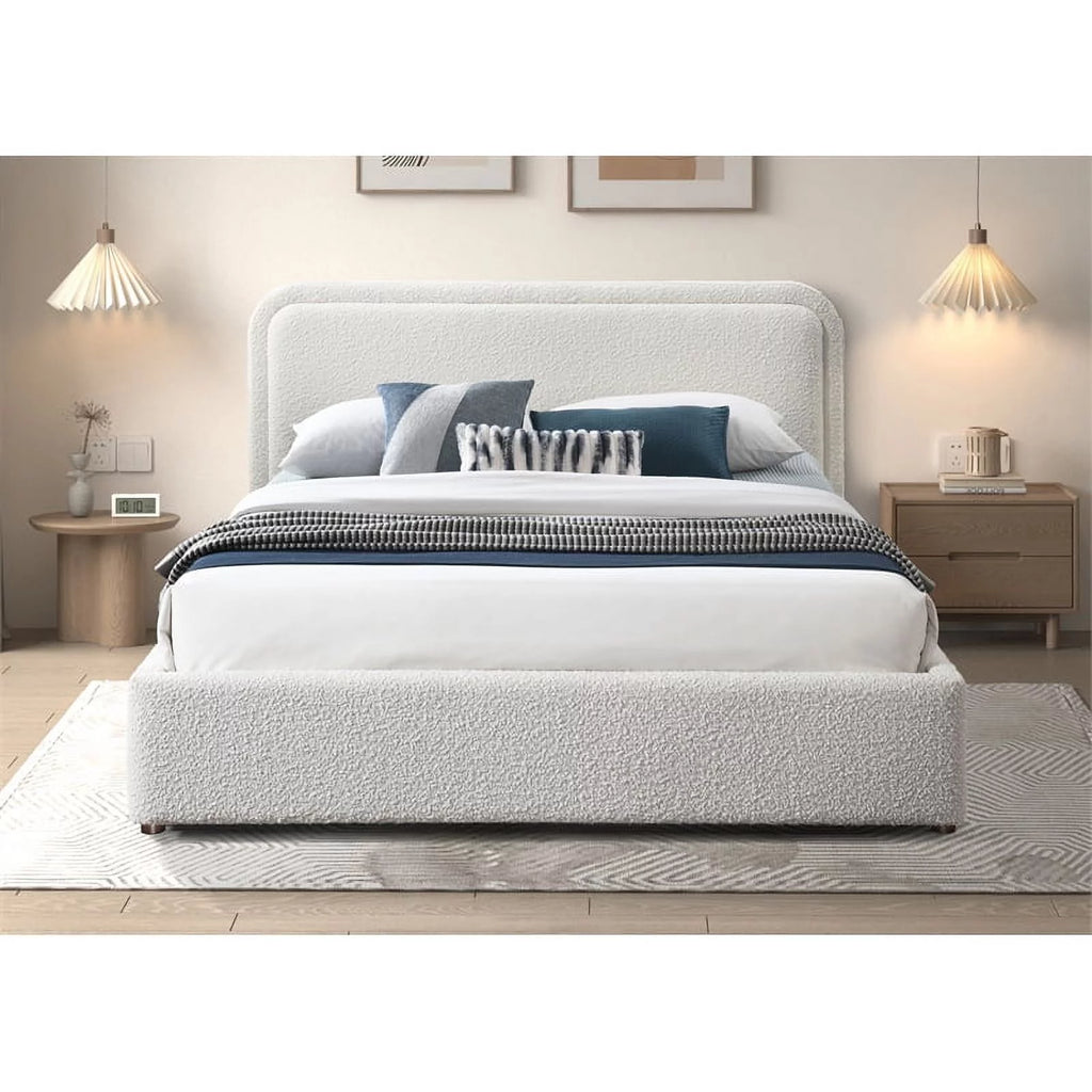 Queen Upholstered Platform Bed in White Boucle Fabric Q572