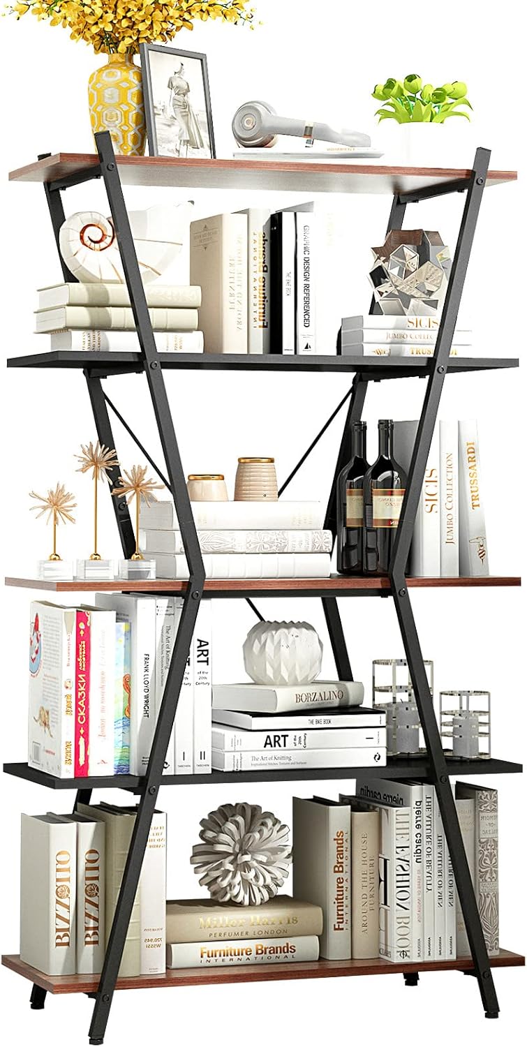 White 5 Tier Wood Bookshelf with Metal Frame Q328