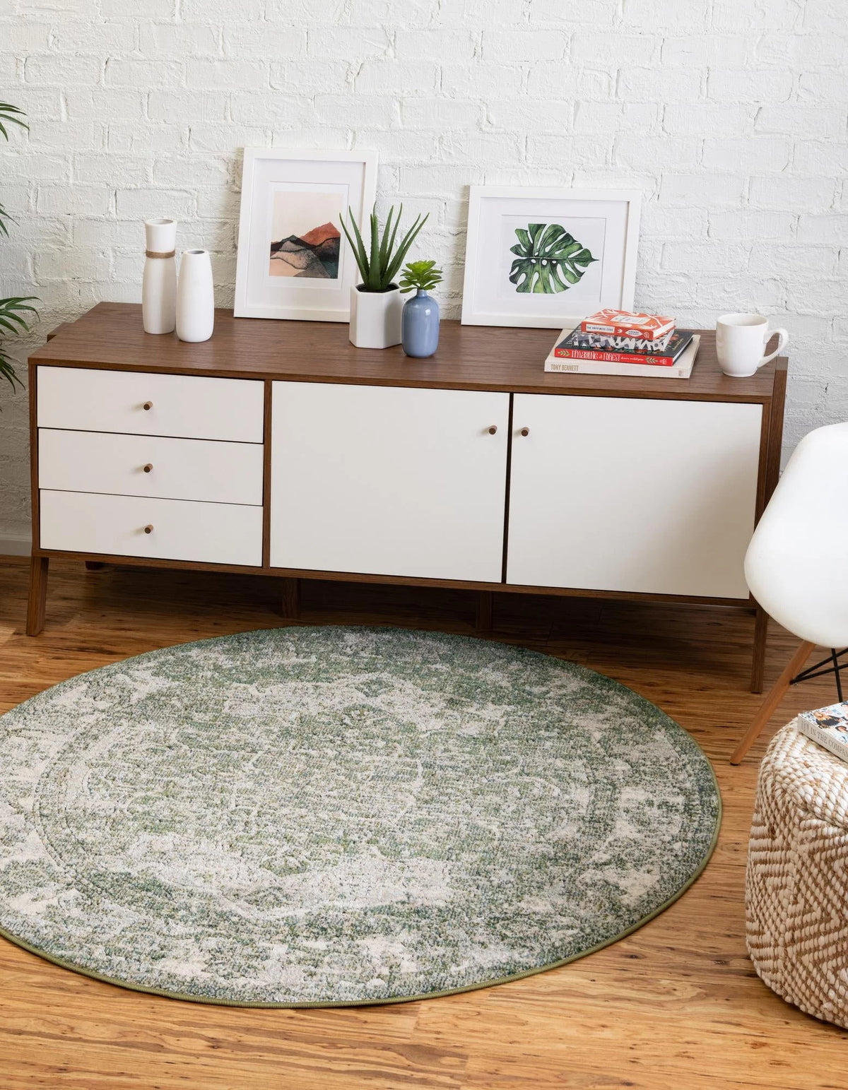 Green Ivory Round Textured Medallion Rug W94921