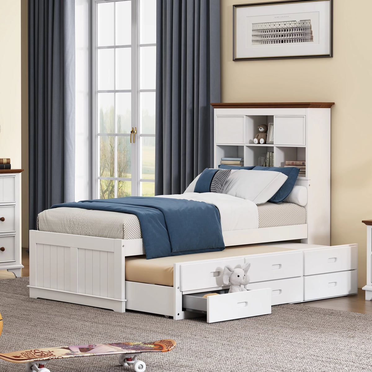 Solid Pine Captain Bed with Trundle and Bookcase Wood Platform Bed Frame with 3 Under Bed Drawers, Twin, White+Walnut B1433