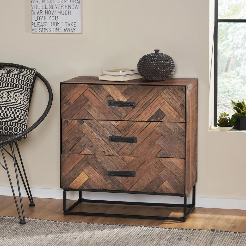 Handcrafted Boho Wood 3 Drawer Cabinet B13058
