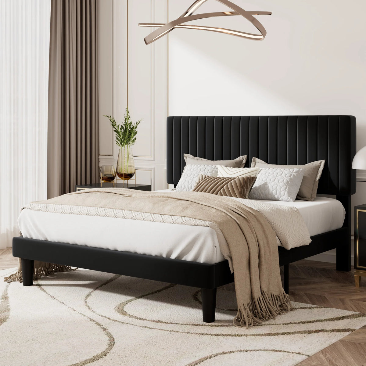 Queen Size Black Velvet Upholstered Platform Bed Frame T8333