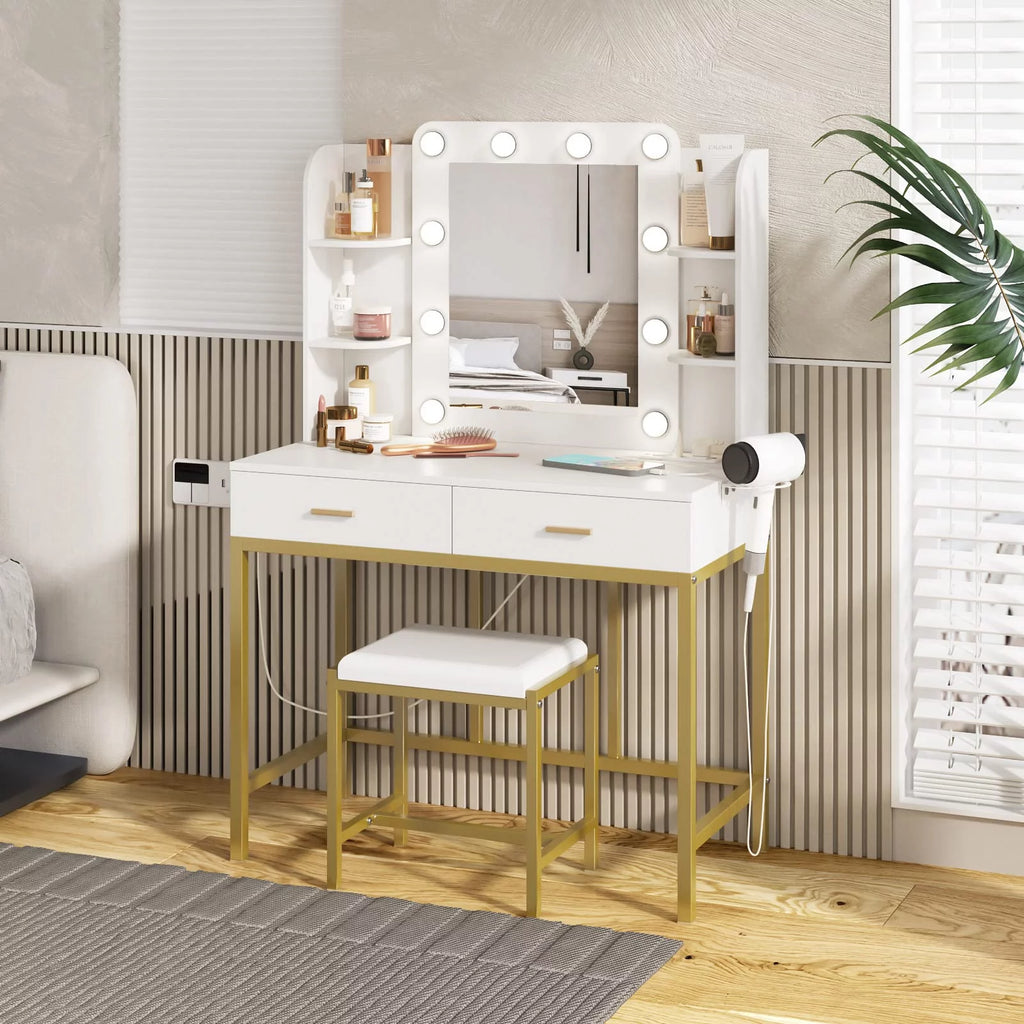 White Makeup Vanity with Lighted Mirror & Power Strip B243