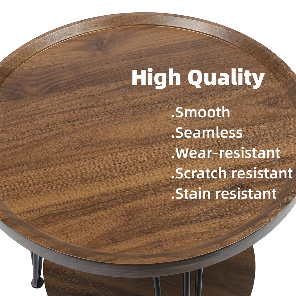 2-Tier Round Sofa End Side Table Nightstand Brown N4327