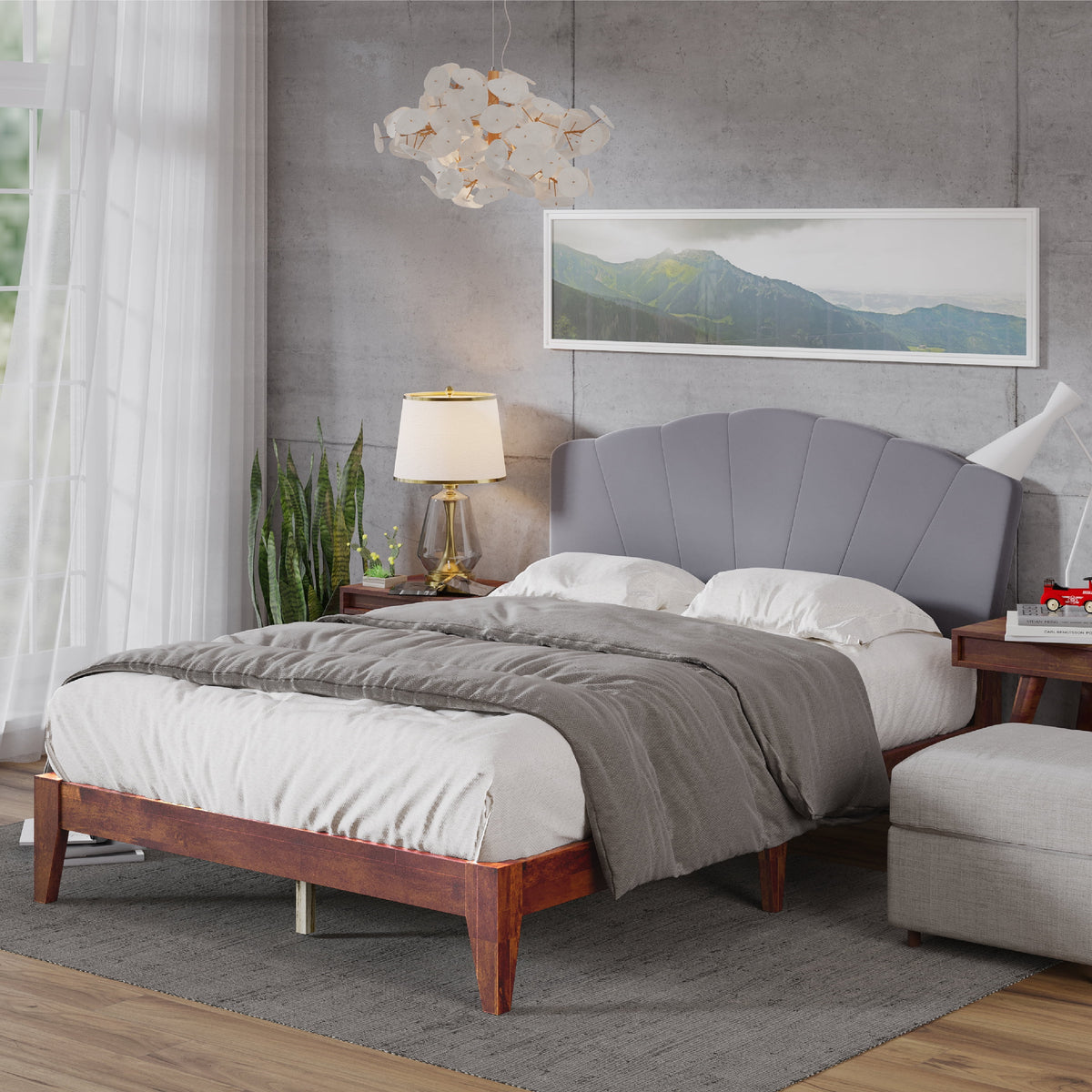 Queen Size Grey Fabric Platform Bed Frame L67136