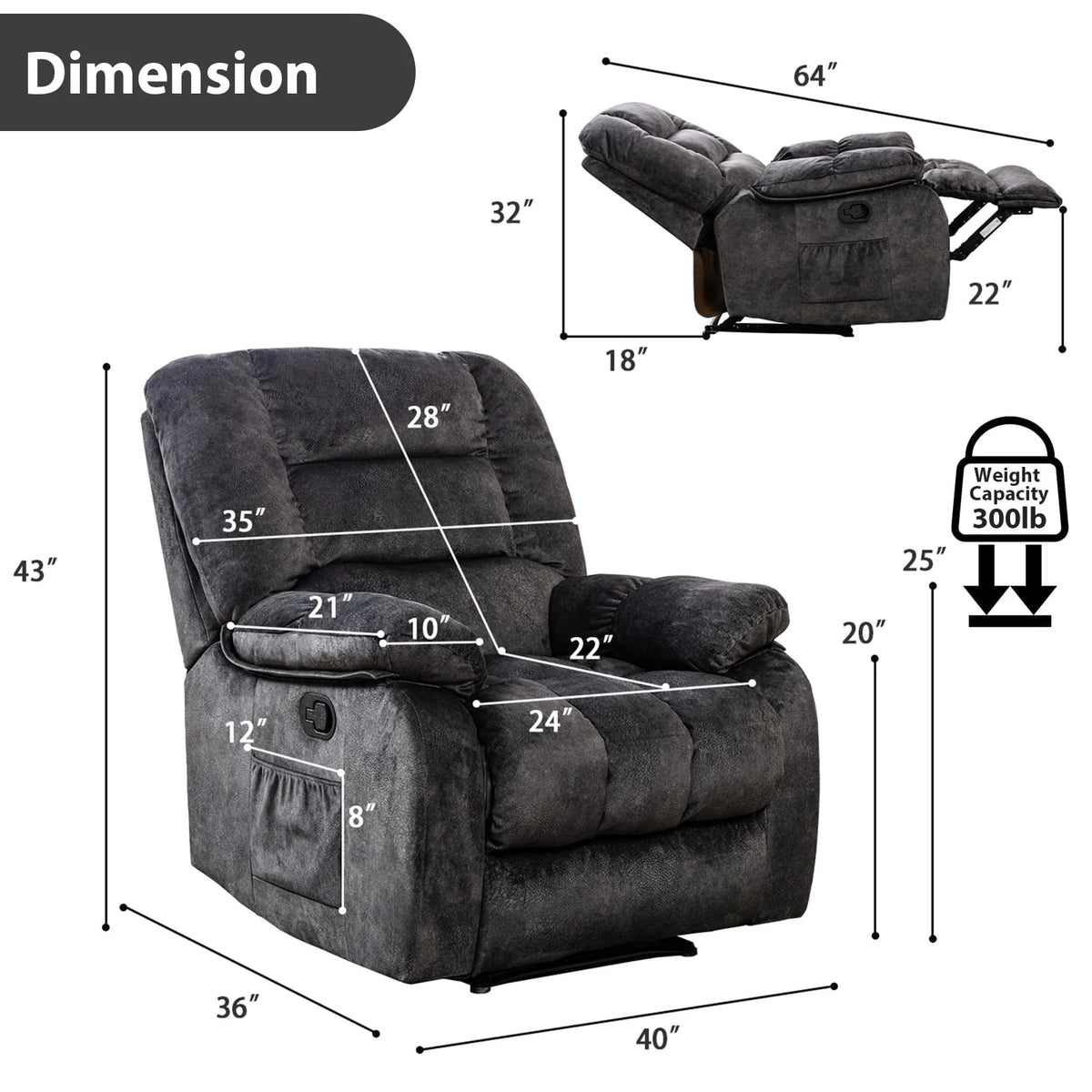 Gray Fabric Manual Recliner Chairs with Massage and Heat Q997136