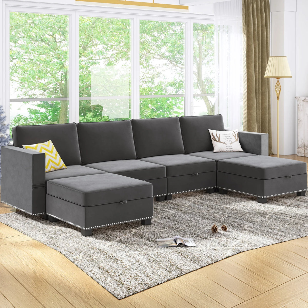 Dark Grey 6 Seater Modular Sectional Sleeper Sofa with Storage D7553