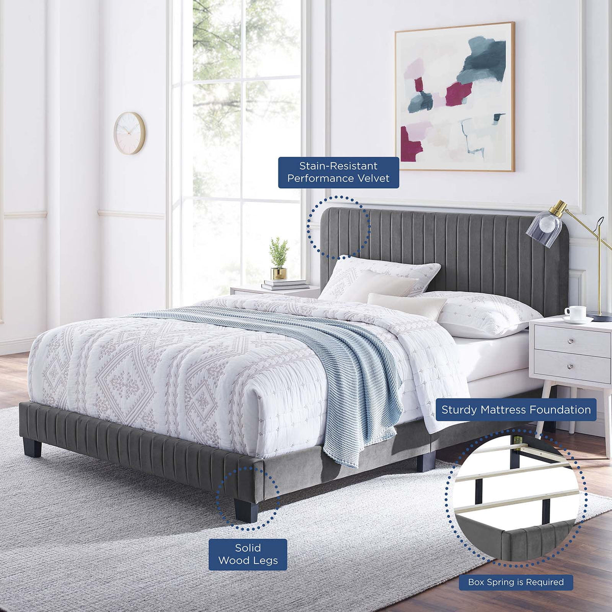 King Size Grey Velvet Tufted Platform Bed Frame Z431