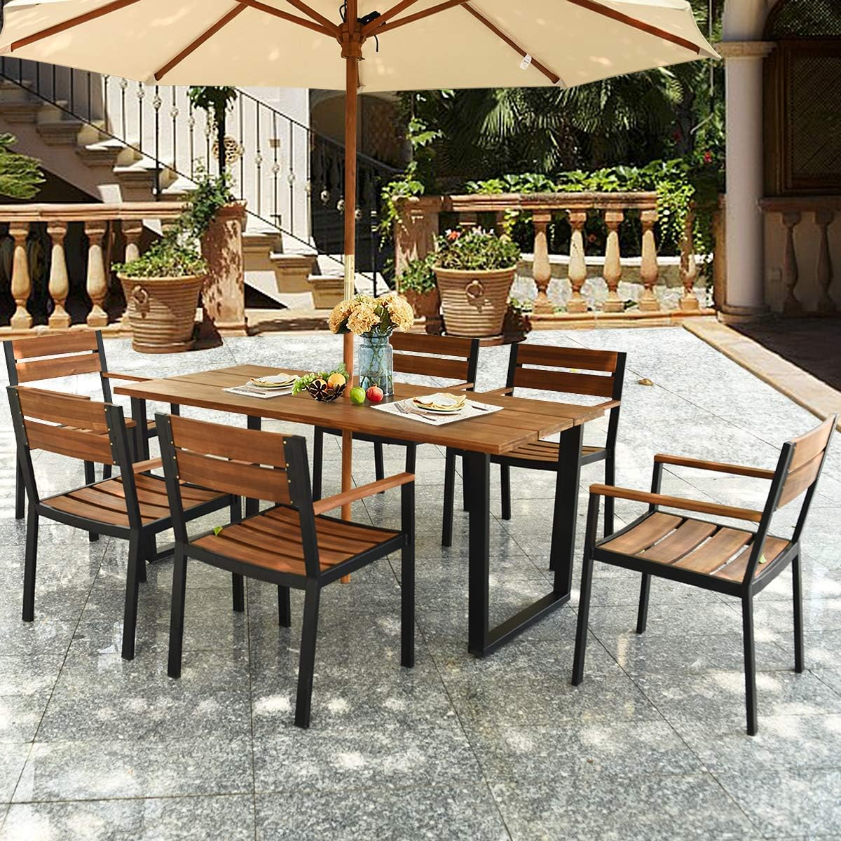 7 Piece Patio Dining Set with Acacia Wood Table Top P3969