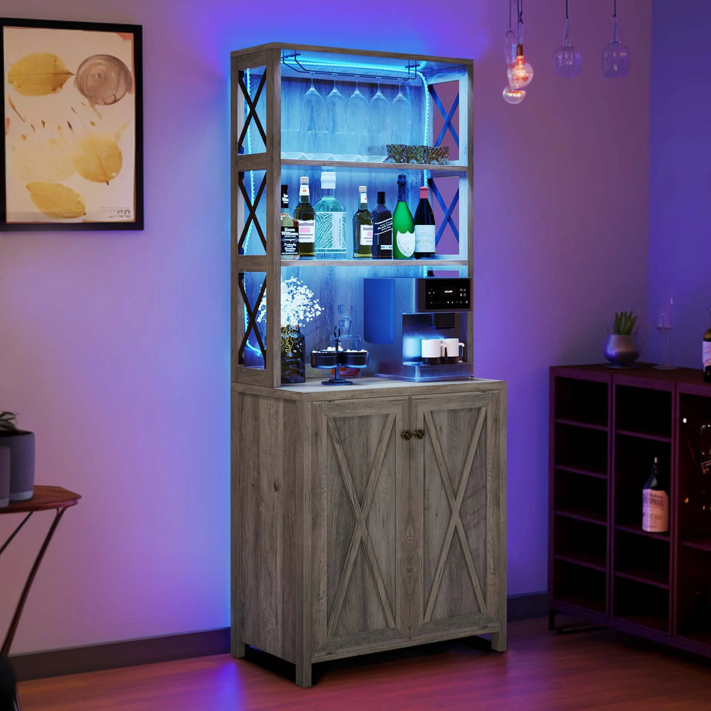 67" Washed Gray Bar Cabinet with Doors and Shelves D471019