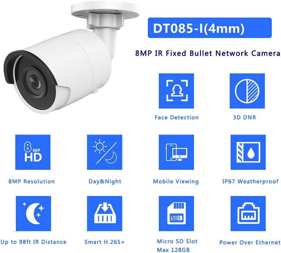 8MP 4K Bullet PoE IP Camera Outdoor 4mm 3840×2160 98ft Night Vision IP67 SD Card Slot G705646