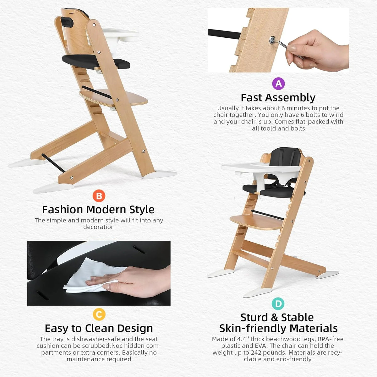 Wooden High Chair with Plastic Tray, 8 Height Adjustments D8498