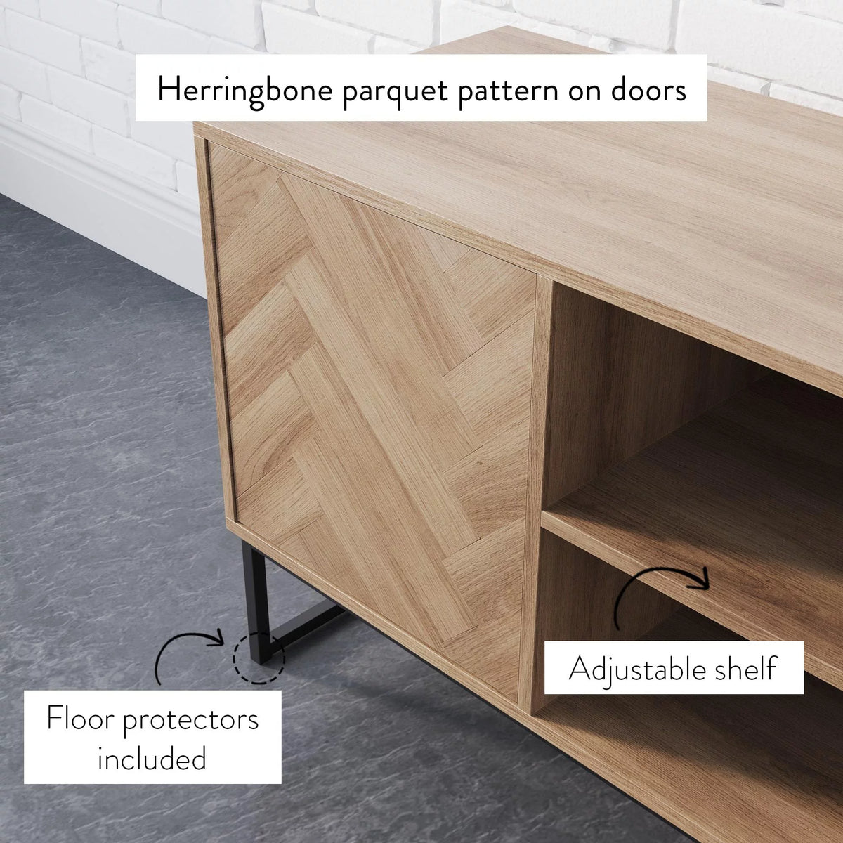 Gray Black Herringbone Pattern Wood Metal Media Console Cabinet H868
