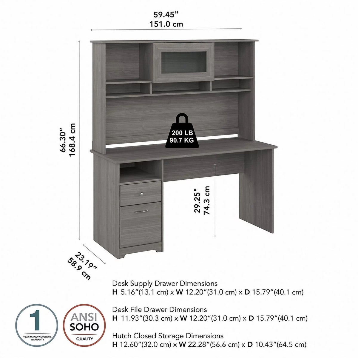 60W Computer Desk with Hutch V5168