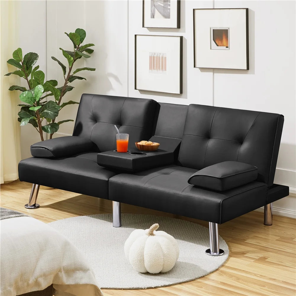 Black Faux Leather Convertible Futon Sofa Bed with Cup Holders O350