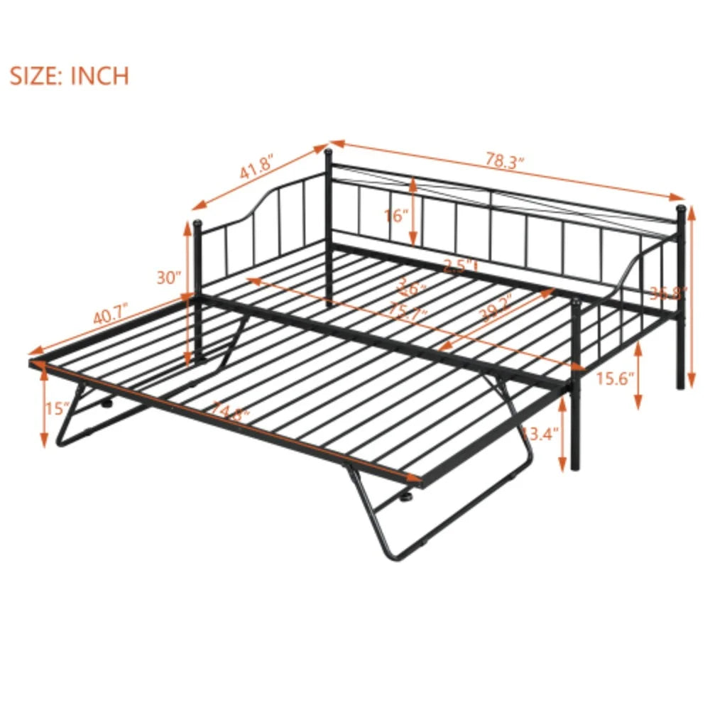 Twin Size Black White Metal Daybed with Adjustable Trundle I401