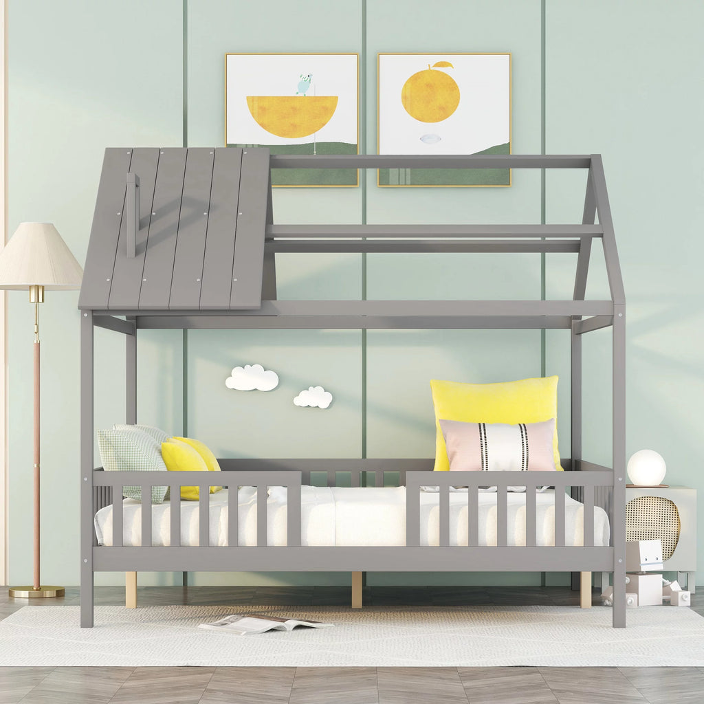 Full Size Wood Bed Frame with Roof and Fence Y214192