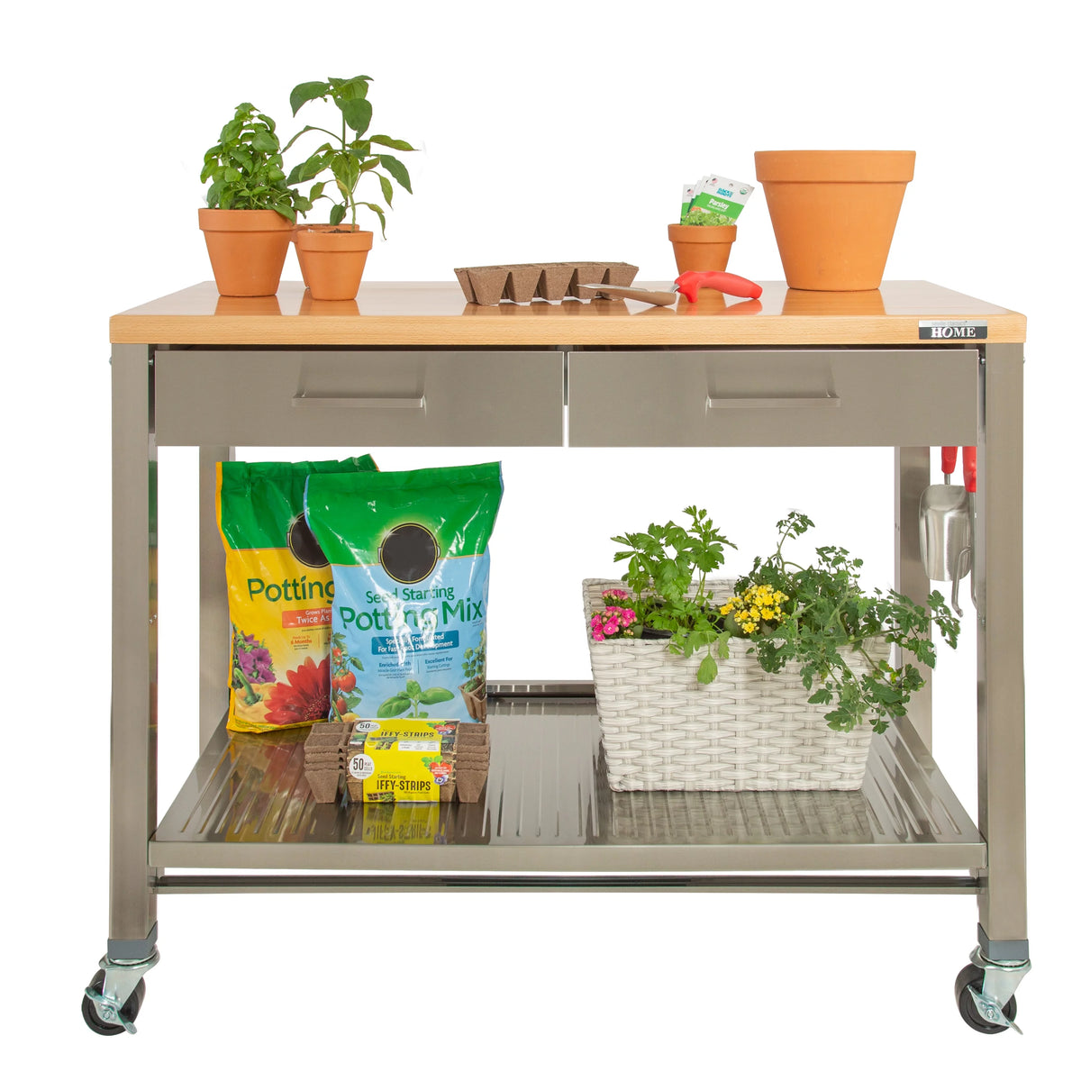 Stainless Steel Kitchen Island with Solid Wood Top Y770