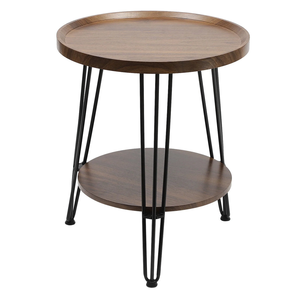 2-Tier Round Sofa End Side Table Nightstand Brown N4327