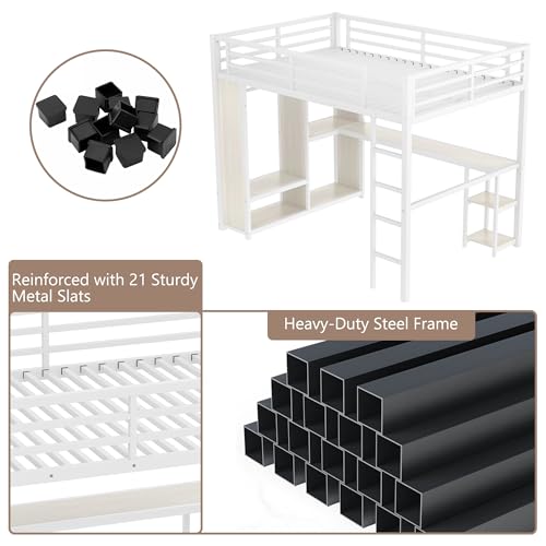 Queen Heavy Duty Metal Loft Bed with L-Shaped Desk, Wardrobe & 5 Storage Shelves Y577