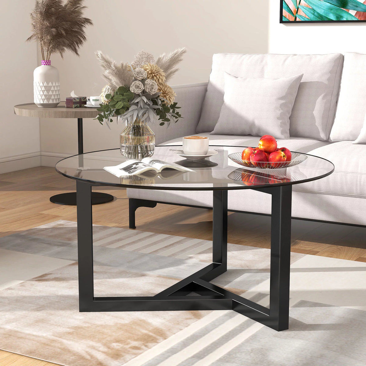 Round Glass Coffee Table with Tempered Glass Top & Wood Base A2911