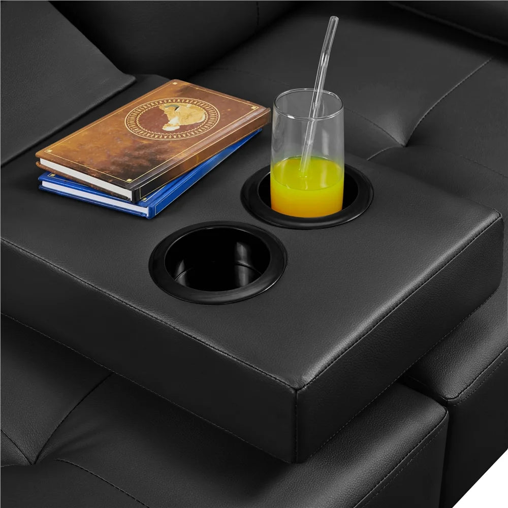Black Faux Leather Convertible Futon Sofa Bed with Cup Holders O350