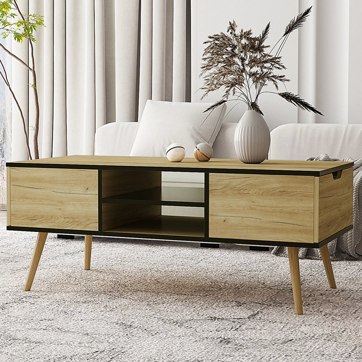 Brown Wooden Coffee Table with Storage Shelf and 2 Drawers A9101