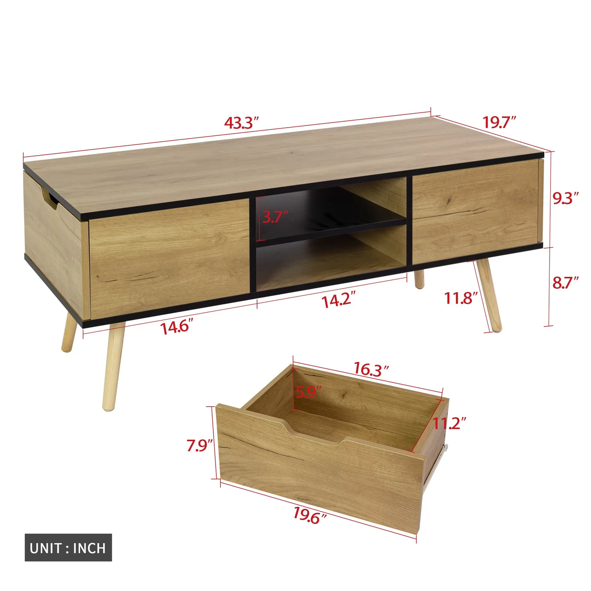 Brown Wooden Coffee Table with Storage Shelf and 2 Drawers A9101