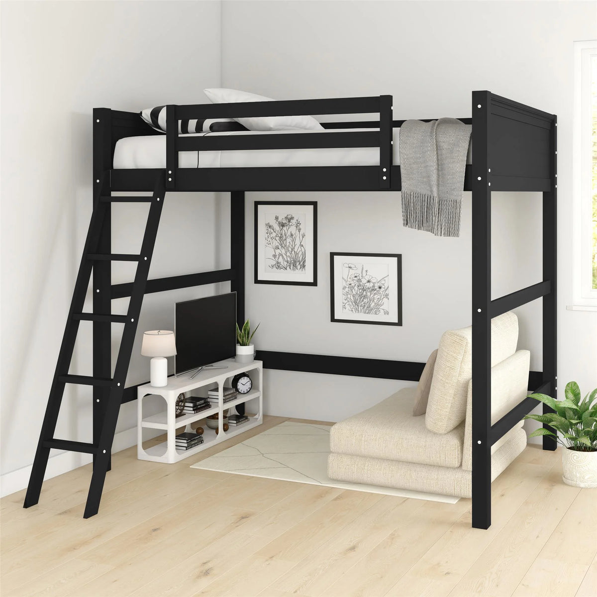 Full Size Loft Bed with Ladder, Black B80518