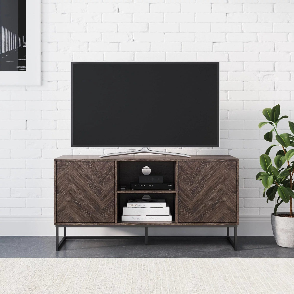 Gray Black Herringbone Pattern Wood Metal Media Console Cabinet H868
