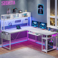 L Shaped Gaming Desk with LED Light and Power Outlet, White S870687