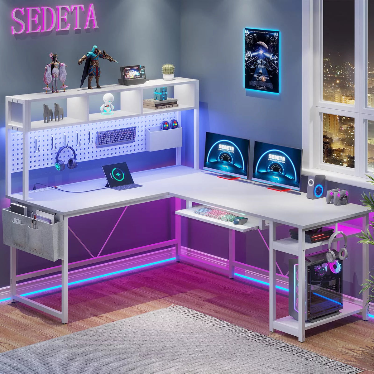 L Shaped Gaming Desk with LED Light and Power Outlet, White S870687