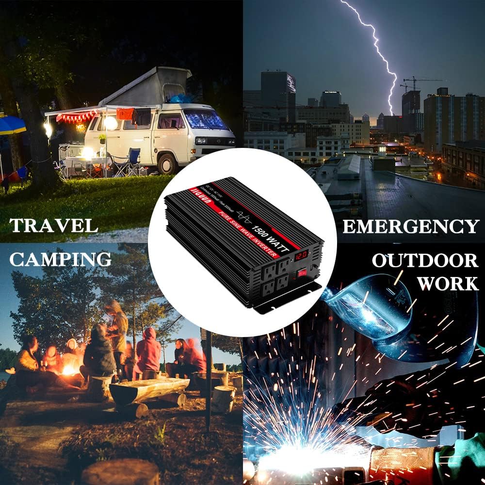 1500 Watt Pure Sine Wave Inverter 12V to 120V with AC Outlets USB H252