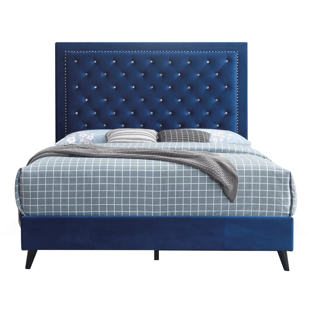 Navy Blue King Size Upholstered Panel Bed U9711