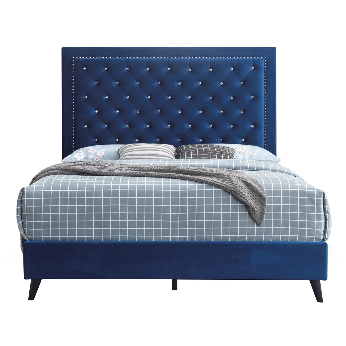Navy Blue King Size Upholstered Panel Bed U9711