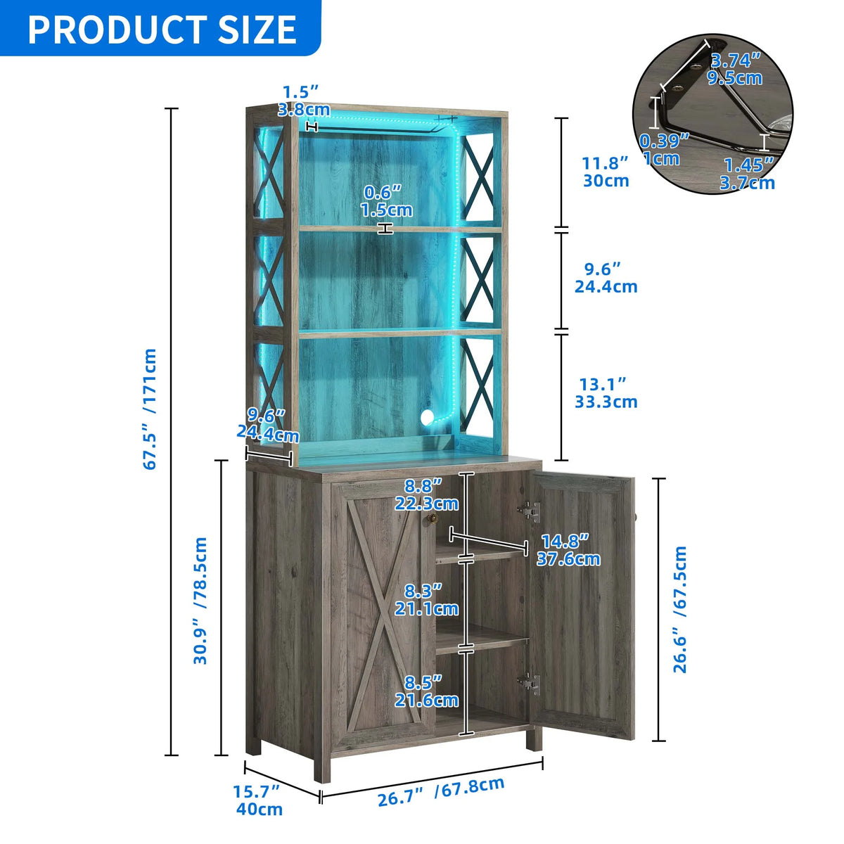 67" Washed Gray Bar Cabinet with Doors and Shelves D471019