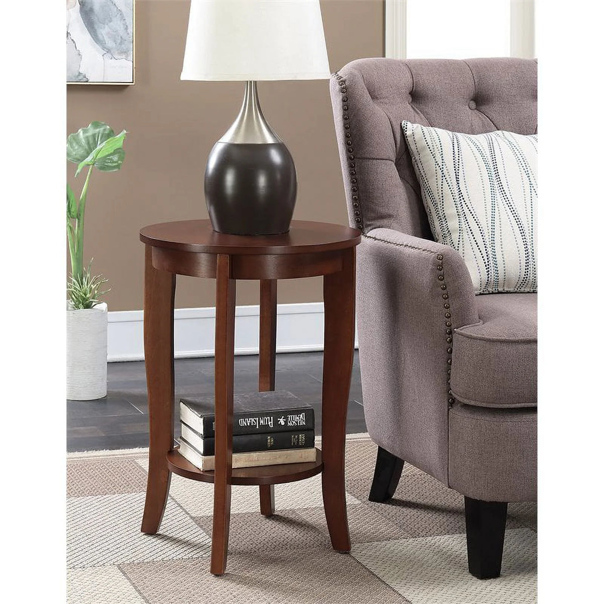Round Wood End Table with Bottom Shelf in Mahogany H859243