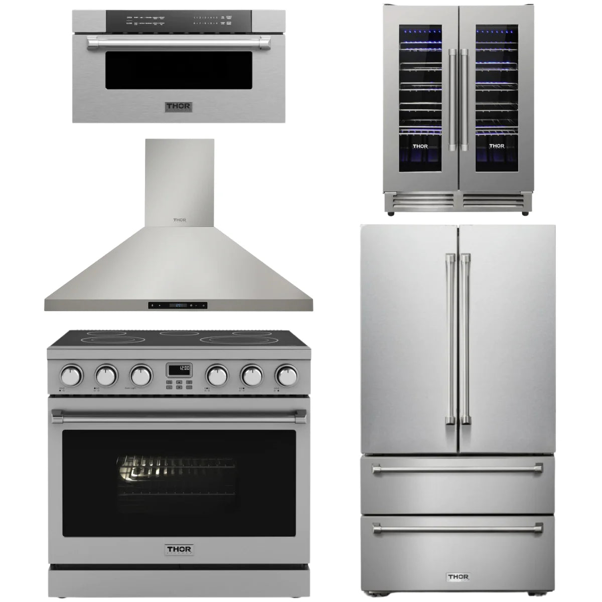 36 Electric Range, Range Hood, Refrigerator, Microwave and Wine Cooler H7993