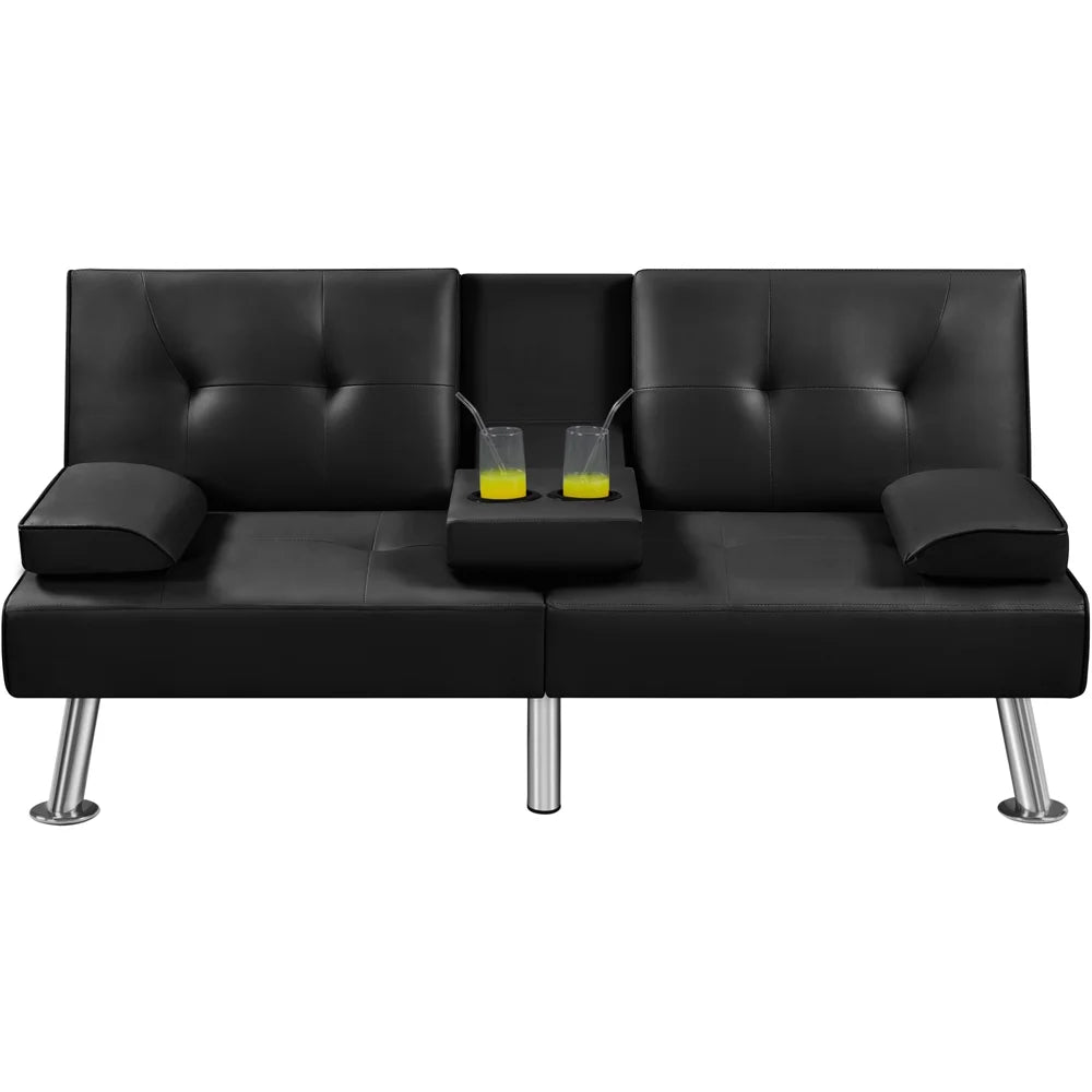 Black Faux Leather Convertible Futon Sofa Bed with Cup Holders O350