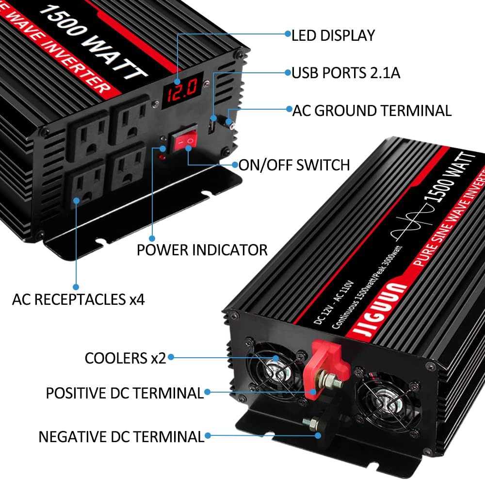 1500 Watt Pure Sine Wave Inverter 12V to 120V with AC Outlets USB H252