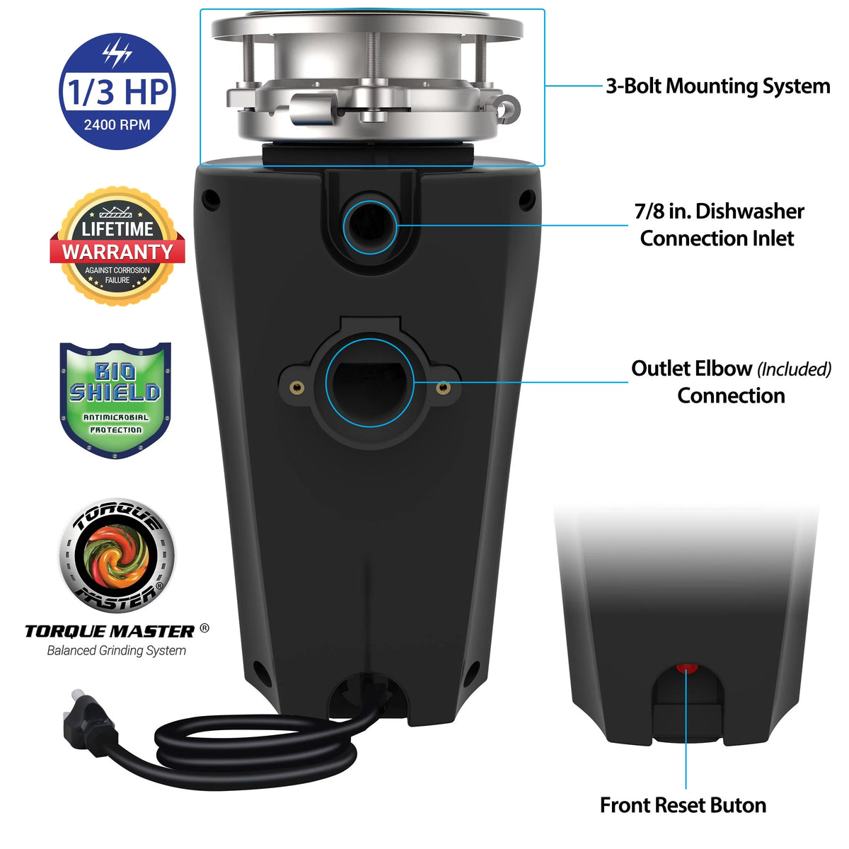 1/2 HP Garbage Disposal with Attached Power Cord F137707