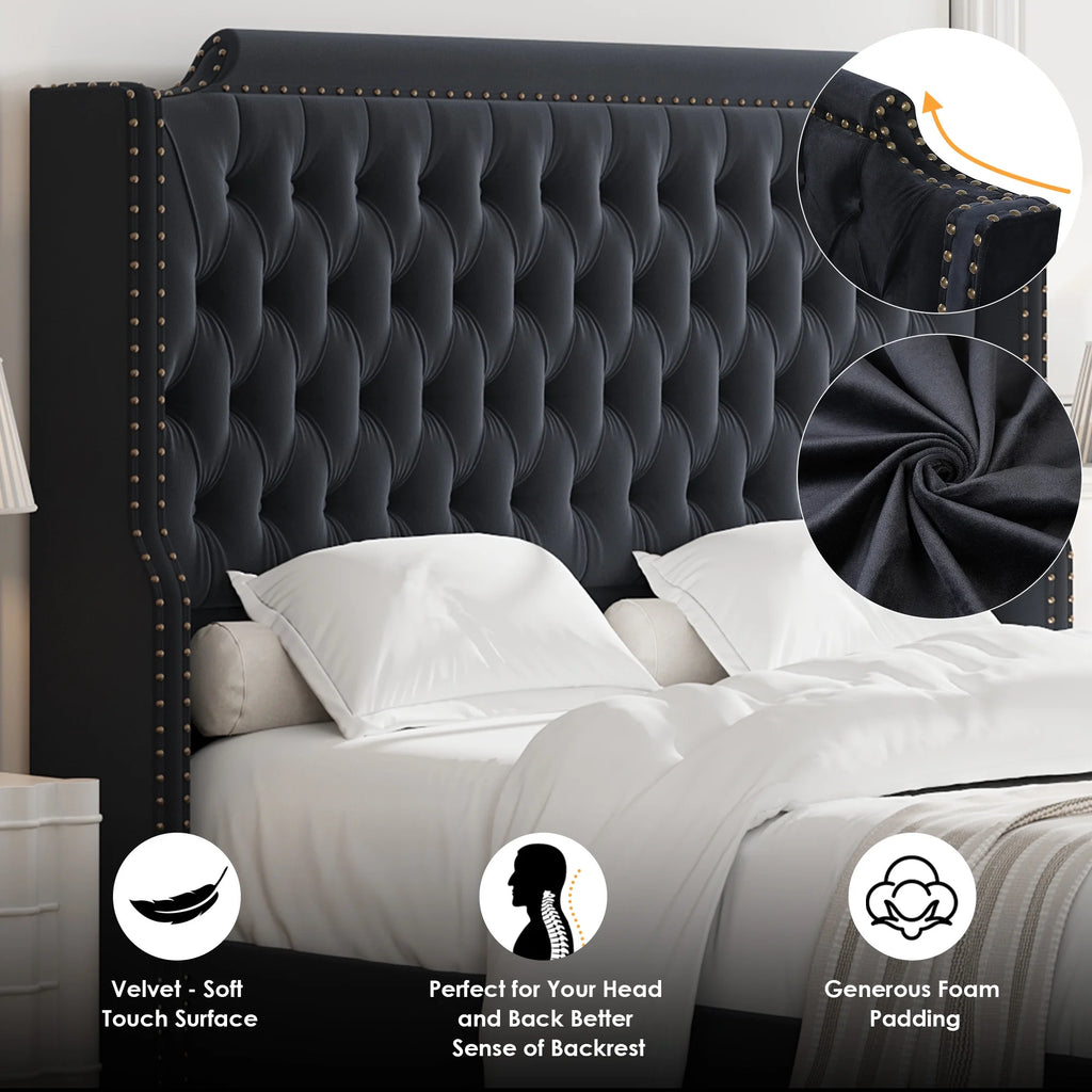Queen Size Off-white Velvet Upholstered Bed Frame with Headboard and Footboard Y591