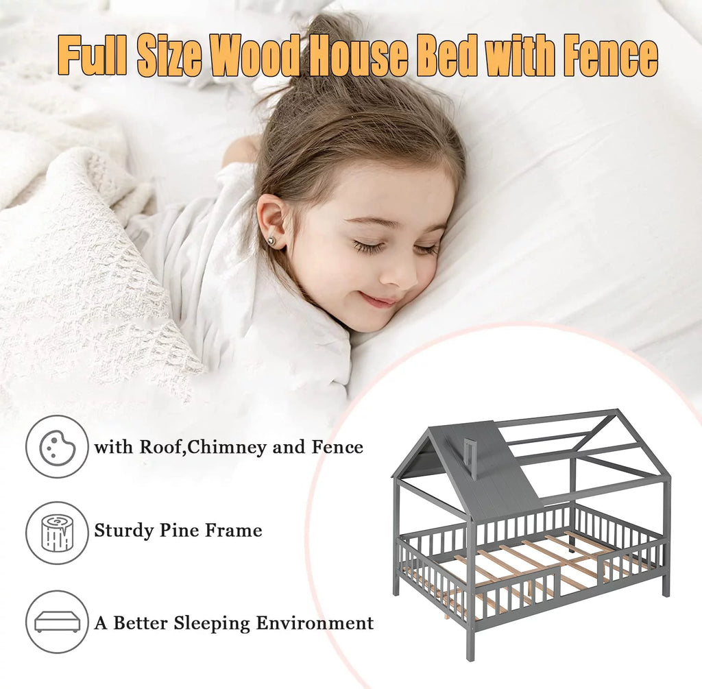 Full Size Wood Bed Frame with Roof and Fence Y214192