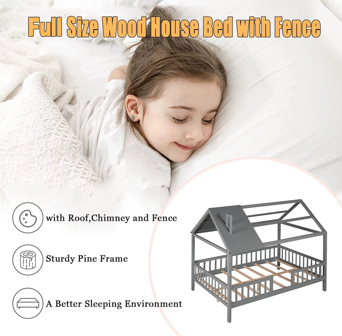Full Size Wood Bed Frame with Roof and Fence Y214192