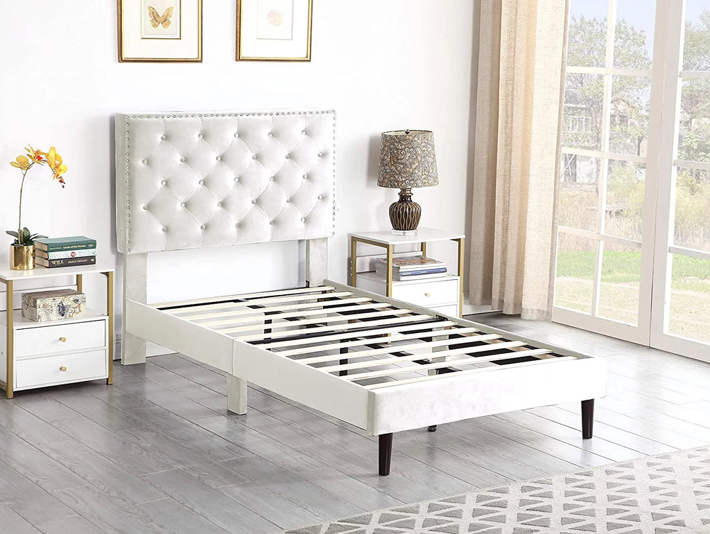 Gray Twin Upholstered Platform Bed Frame with Adjustable Headboard Q6972
