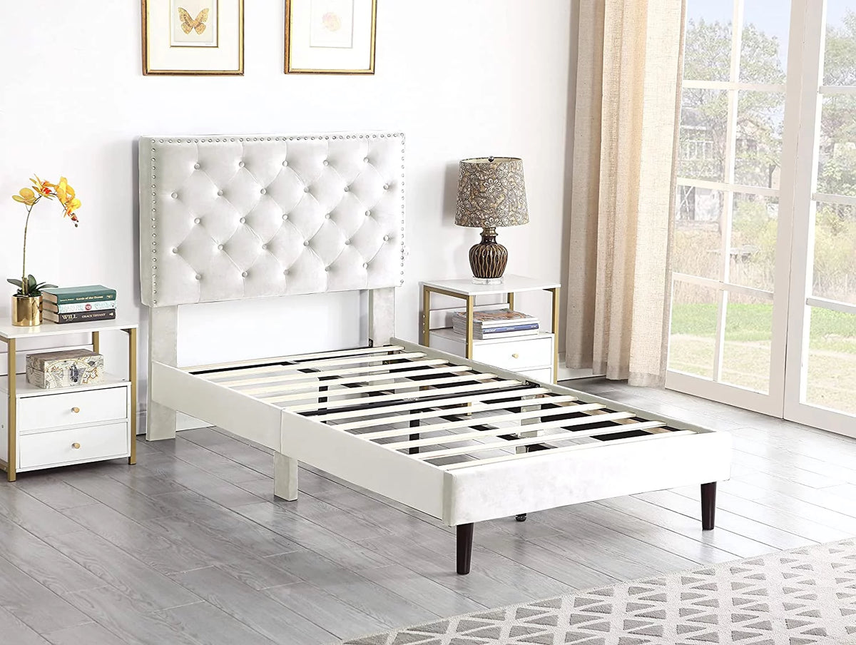 Gray Twin Upholstered Platform Bed Frame with Adjustable Headboard Q6972
