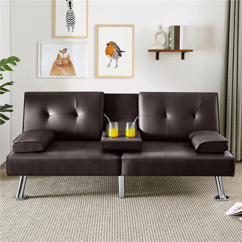 Black Faux Leather Convertible Futon Sofa Bed with Cup Holders O350